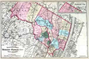 BERGEN & PASSAIC COUNTY NEW JERSEY (NJ) MAP 1872 MOTP  
