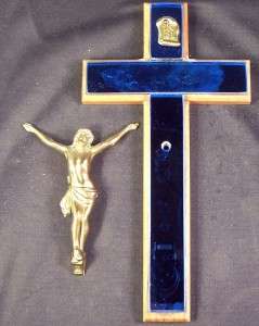 Vintage Deco Mirror Blue Glass Brass Crucifix INRI On Walnut 10 