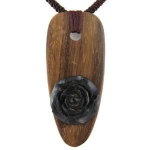 Hand Carved Black Horn Rose On Wood Spear Head Pendant 