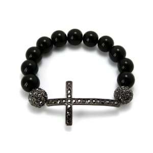 Black Faux Onyx Ball & Iced Out Stone Cross Stretch Bracelet XHB120HE 