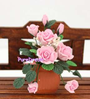 Pink Rose Flower Plant 1:12 Dollhouse Clay Potted OP036  