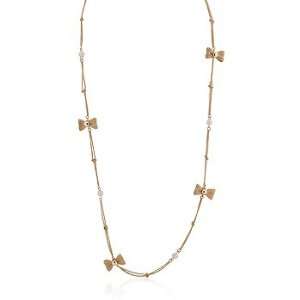   Shiny 14kt Gold Plated Necklace with White Pearls and Bowties Jewelry