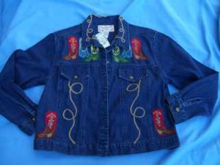 WESTERN DENIM JEANS JACKET COLORFUL BOOT APPLIQUES NWT  