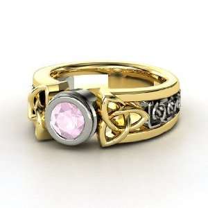  Celtic Sun Ring, Round Rose Quartz 14K Yellow Gold Ring Jewelry