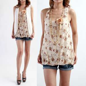   Sleeveless Bubble BLOUSE w/ Pearl Necklace Racerback Tank Top  
