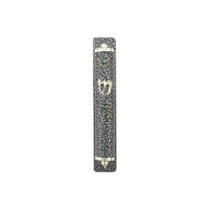  Stucco Metal Mezuzah with Shin in Black and Silverr 