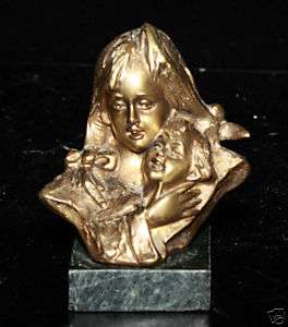 lady child Brass sculpture statute signed marble base  