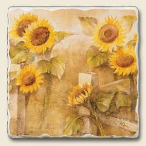    Sunflowers By The Fence Tumbled Stone Coaster Set
