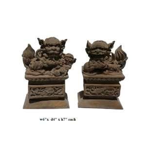  Pair Chinese Hand Carved Wooden Fu Dog Figures Afs376 