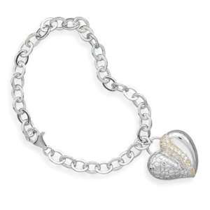  Rhodium and 14 Karat Gold Plated Sterling Silver CZ Heart 