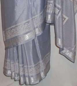 Grey Silver Woven Sari w/ Choli Blouse M 36 Satin Indian Saree Panel 
