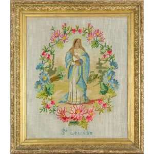   Antique French Hand Embroidery Framed Saint St Louise 