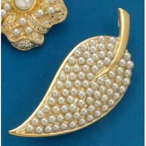   Gold Plate Leaf Fashion Pin, 3.5mm Simulated Pearls, 2 3/4 inch long