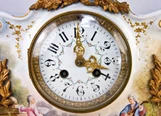   Antique French Porcelain & Enamel Mantel Clock, Hand Painted Scene