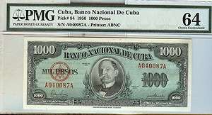 1950 CUBA   1000 PESO NOTES   CHOICE CU   PMG 64  