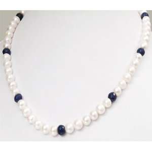   Handmade Natural Faceted Blue Sapphire & Pearl Beaded Necklace