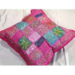  Decorative Pink Beaded Sari Floor Pillow Cushion 26