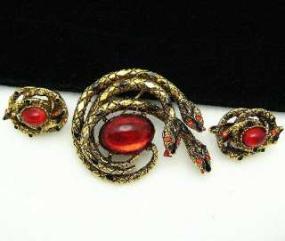 Vtg ART Entwined SNAKES Brooch & Earring Set Parure RED  