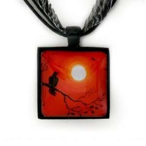  Raven in Red Handmade Fine Art Pendant: Jewelry
