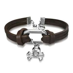   Jewelry Two Strand Brown Leather Bracelet with Skull and Bones Charm