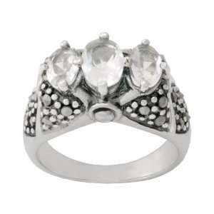  Sterling Silver Marcasite Triple Clear Glass Band Ring 