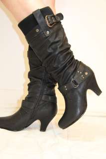 NIB Womens Faux Leather Mid Calf Buckle Sock Tall Boots Black Small 2 
