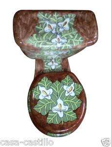 Mexican Talavera Toilet Set Bathroom Handcrafted Lillies  