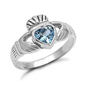  Sterling Silver Aquamarine Heart CZ Claddagh Ring Sizes 5 