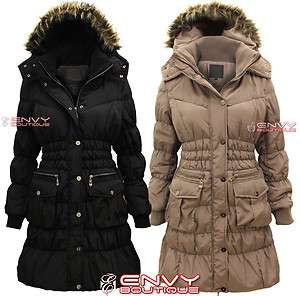 NEW LADIES QUILTED PADDED FAUX FUR HOOD LONG PARKA JACKET COAT WOMENS 