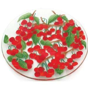 Fusion Art Glass 14 Inch Round Plate with Cherry Design  