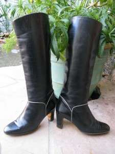 VINTAGE 70s Blk LEATHER Campus TALL Knee High RIDING Boot STACKED Heel 
