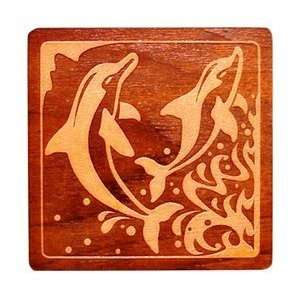  Hawaiian Engraved Wood Coaster Set Dolphin Kitchen 