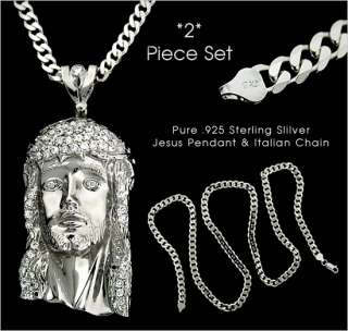 New Sterling Silver Jesus Face Pendant & Cuban Chain  