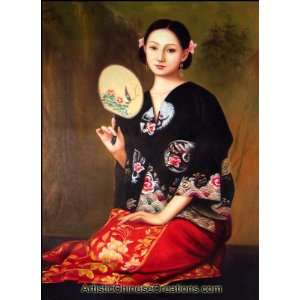   Fine Art: Chinese Oil Painting   Maiden Holding Fan: Home & Kitchen
