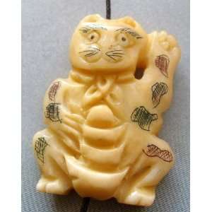  Ox Bone Carved Treasure Cat Yuanbao Pendant Bead 