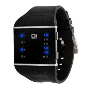 01TheOne Mens SLS102B3 Slim Square Blue LED Black Polyurethane Watch 
