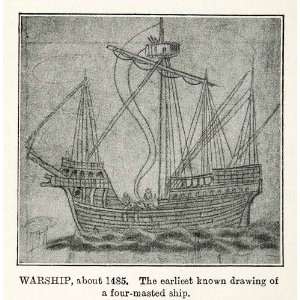 1922 Print Warship Drawing Four Masted Ship English Sails Boat Water 