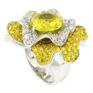  Large Flower Cocktail Ring w/Golden & White CZs Size 9 
