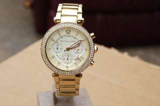 Michael Kors womans parker chronograph gold tone crystals watch 