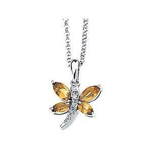 Brilliant Citrine & Diamond Dragonfly Necklace set in 14 kt White Gold 