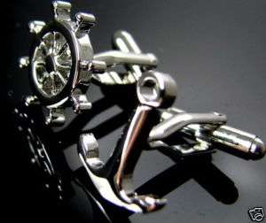 Silver Sailor Captain Cufflinks Anchor & Ship Wheel Cuff Links  