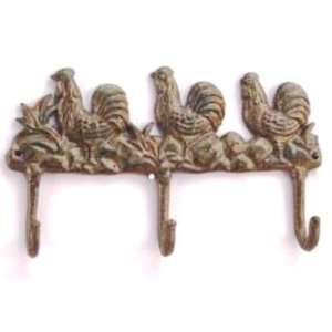   : Antiqued Cast Iron Roosters Triple Hooks Wall Decor: Home & Kitchen