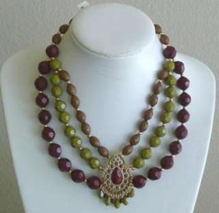   OLIVE GREEN MAROON BERRY BROWN STRAND BEADED BEAD GOLD ORNATE NECKLACE