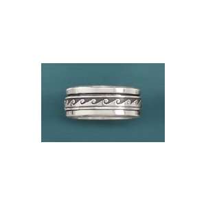   Oxidized Sterling Silver Spin Ring, 9mm wide with Wave Design: Jewelry