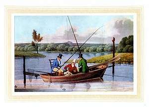 FISHING FROM BOAT ANTIQUE COLOR FISHING PRINT CANE POLE  