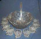 Vintage Cut Glass Punch Bowl with 9 Cups and Ladle   Excellent