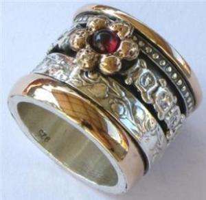 Israel silver 9 carat gold ring designer floral garnet  
