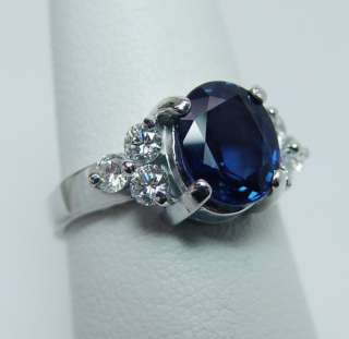 Killer Large 3.1ct Sapphire Colorless Diamond Ring 18K White Gold 