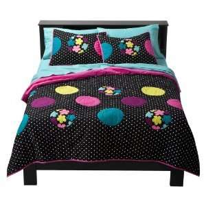 TWIN XL XHILIRATION QUILT, BLACK WITH POLKA DOTS AND GREEN, TURQUOISE 