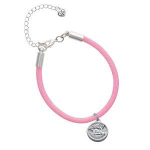 Raphael Angel   Round Seal Charm on a Pink Malibu Charm Bracelet